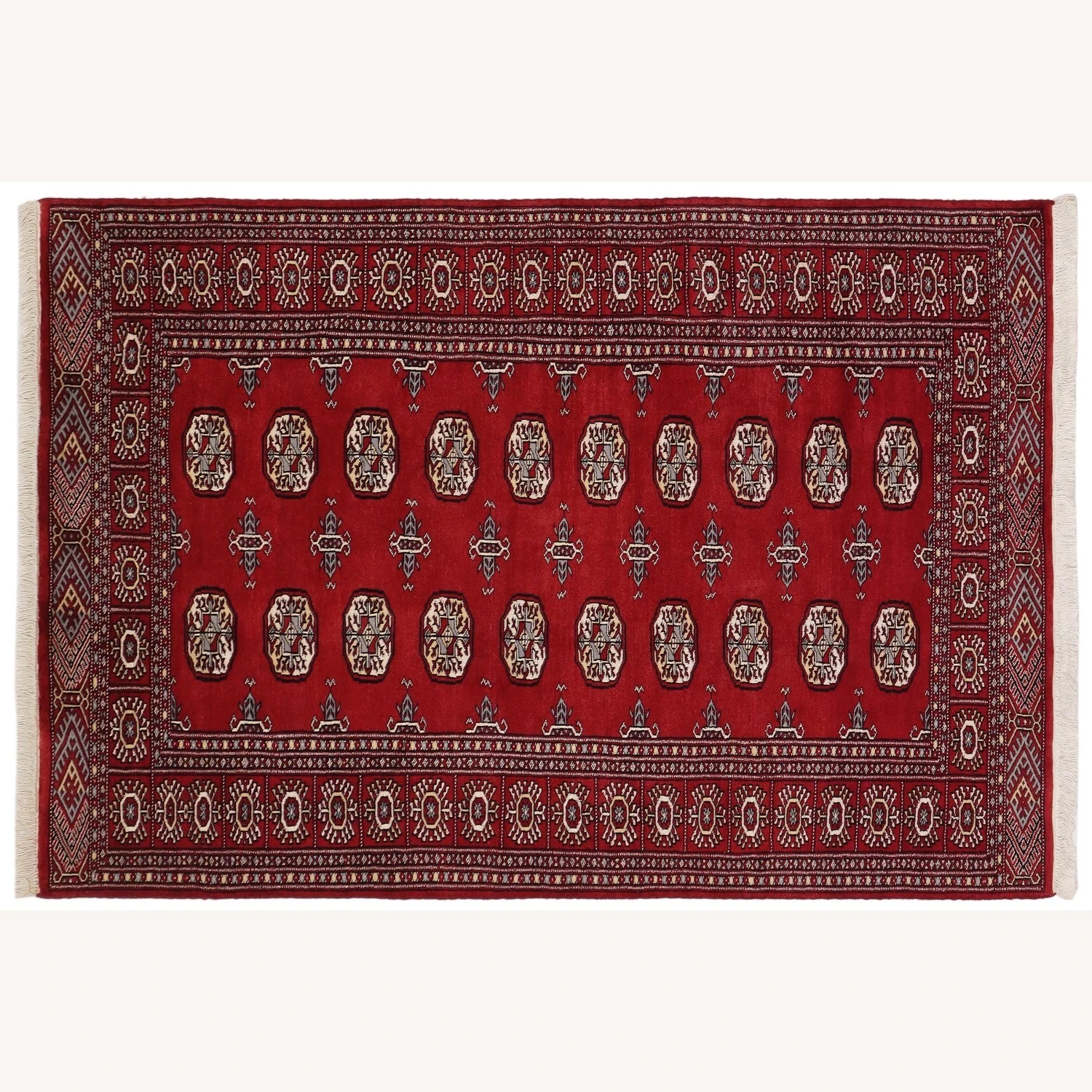 Shabby Chic Bokhara Red/Gray Wool Rug 6 Shabby Chic Bokhara Red/Gray Wool Rug - Image 4