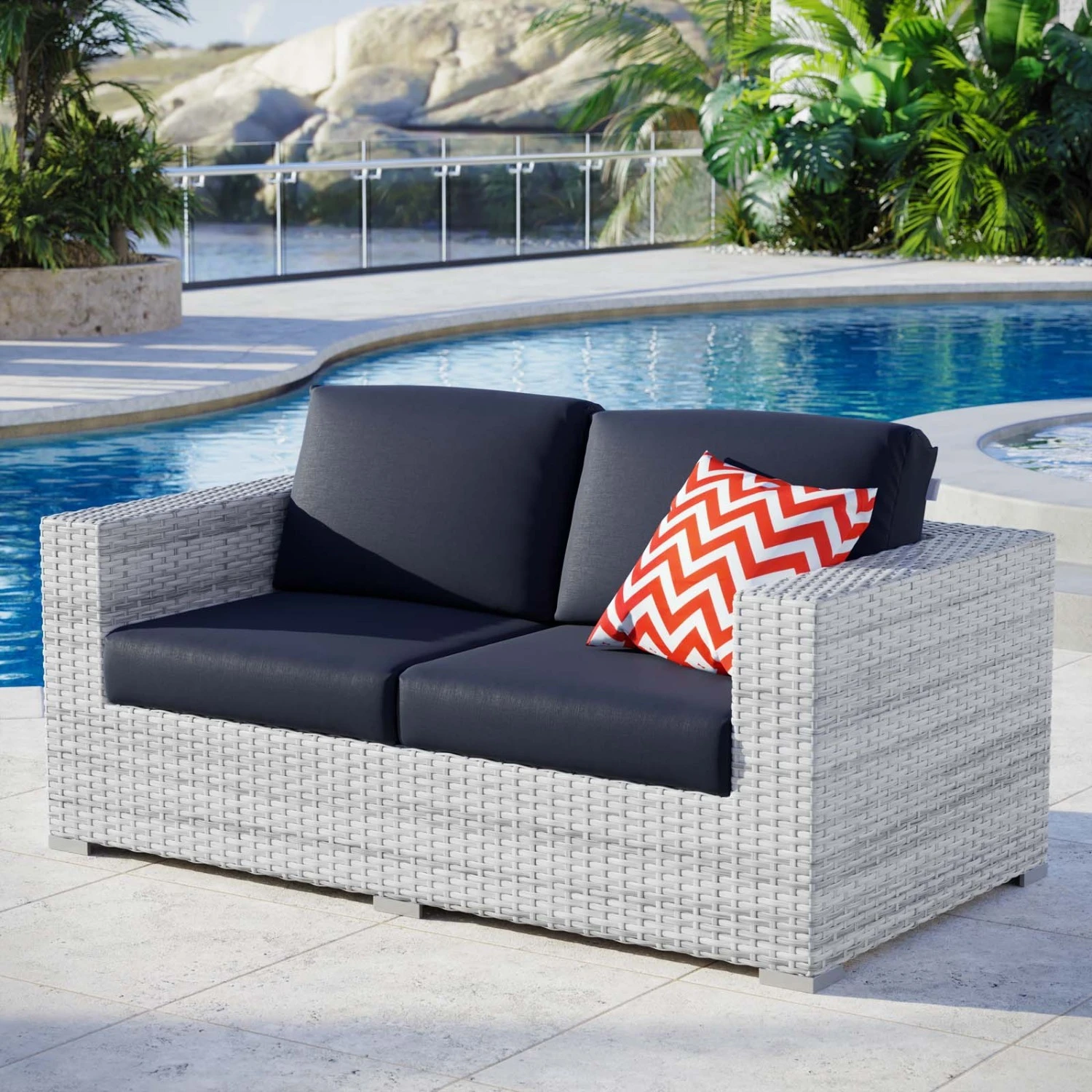 Other Outdoor Patio Loveseat In Light Gray & Navy Finish 3 Other Outdoor Patio Loveseat In Light Gray & Navy Finish