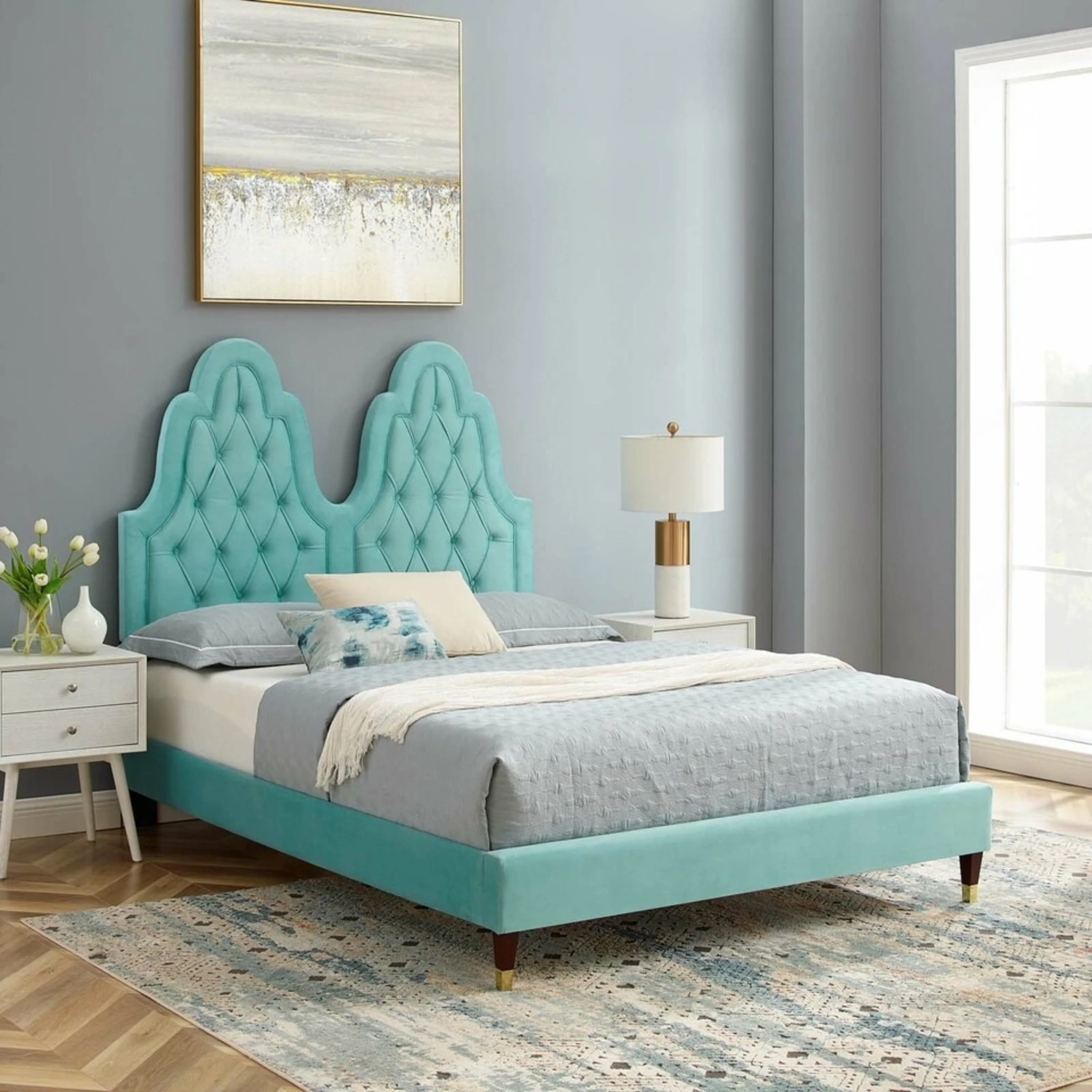 Other Full Bed In Tufted Mint Velvet W/ French Details 10 Other Full Bed In Tufted Mint Velvet W/ French Details - Image 9