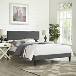 Other Full Platform Bed In Gray Fabric W/ Wooden Slat -Othe Furniture Shop 1500 1500 frame 0 7886