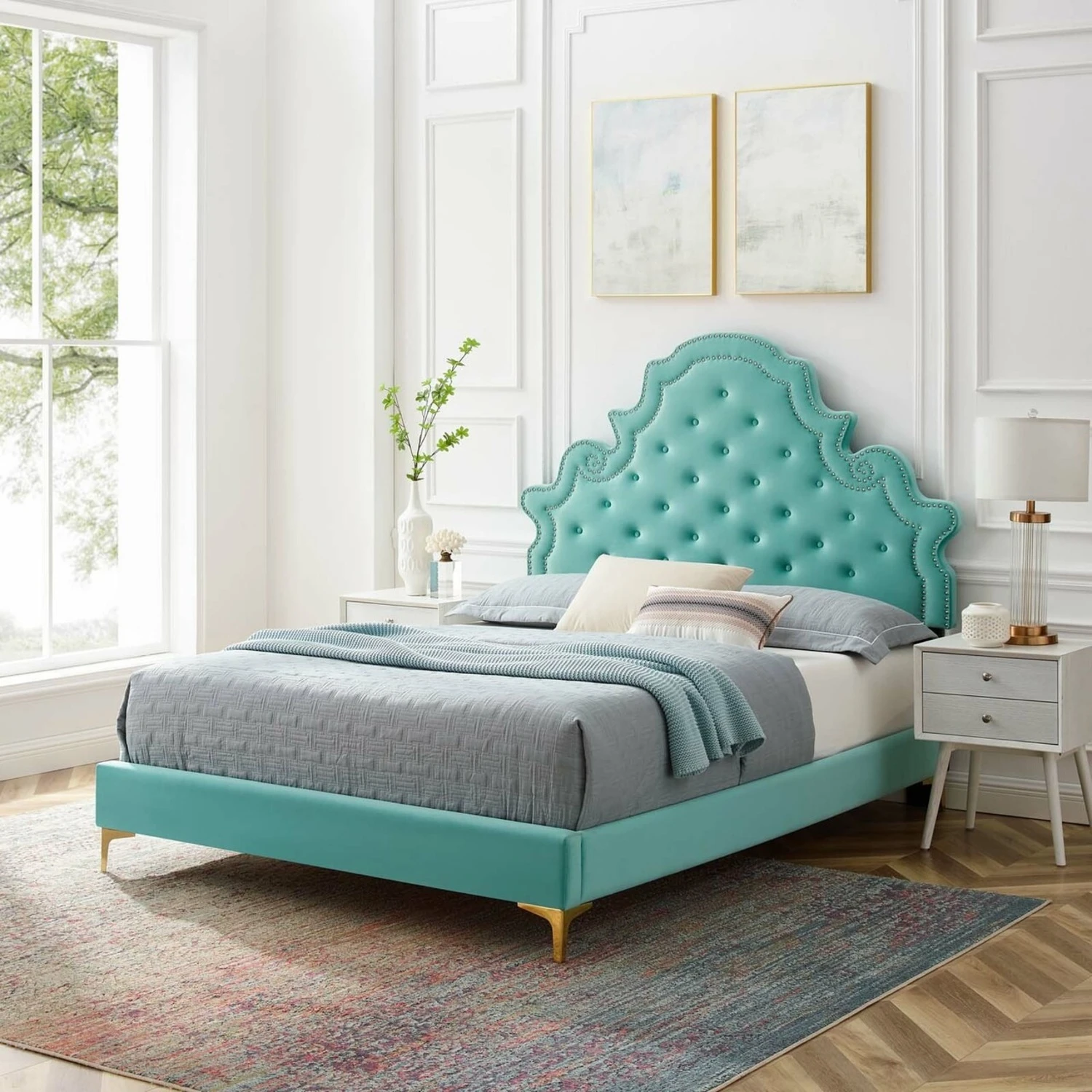 Other King Bed In Mint Velvet W/ Button Tufting Finish 3 Other King Bed In Mint Velvet W/ Button Tufting Finish
