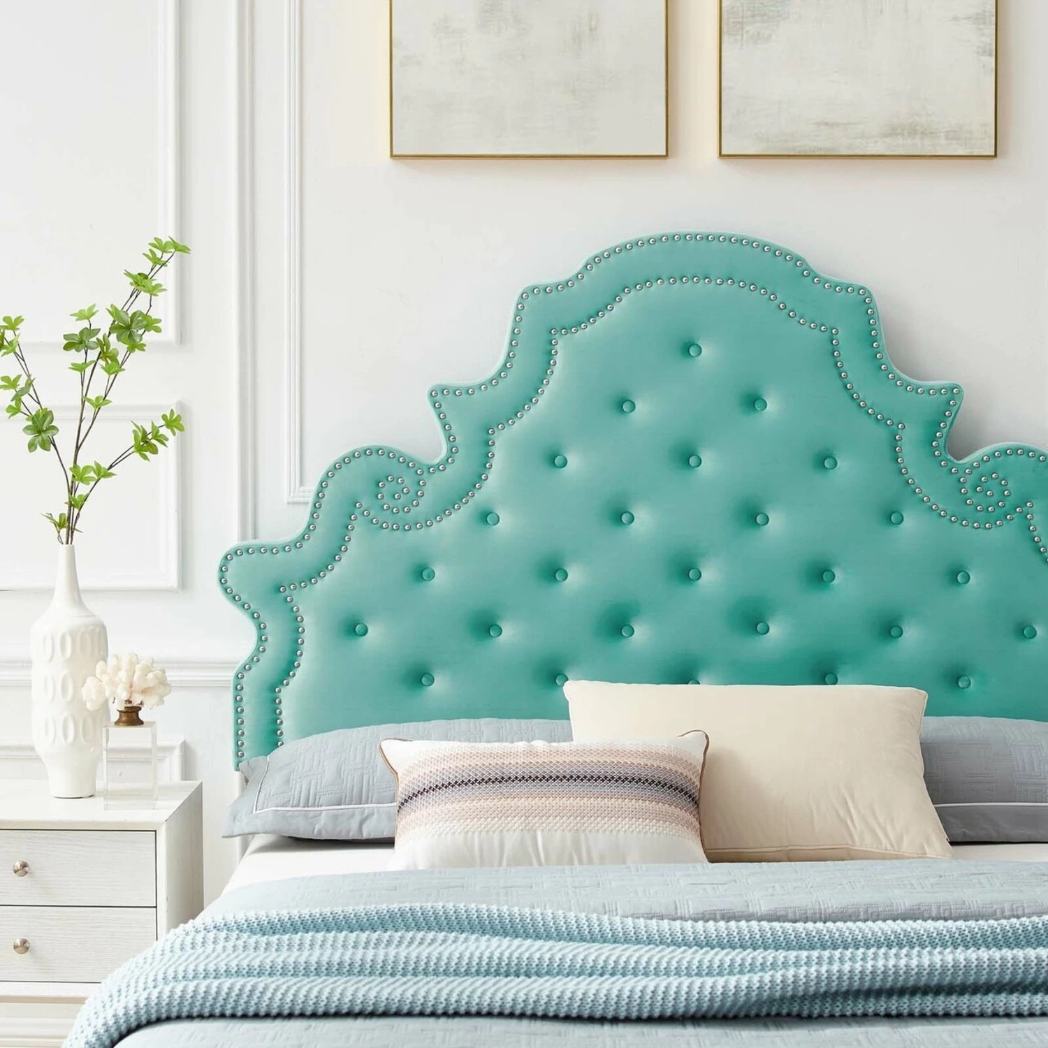 Other King Bed In Mint Velvet W/ Button Tufting Finish 5 Other King Bed In Mint Velvet W/ Button Tufting Finish - Image 3