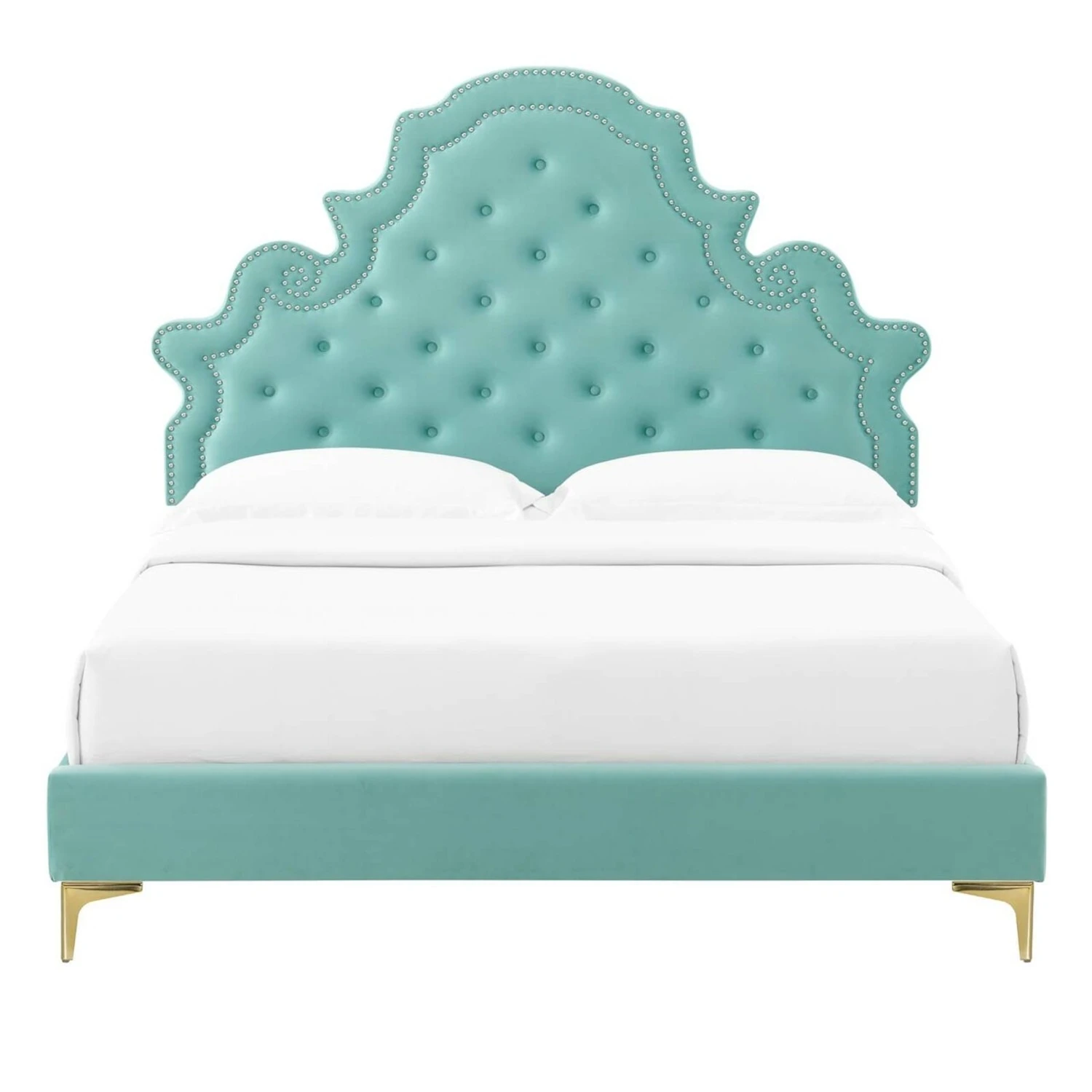 Other King Bed In Mint Velvet W/ Button Tufting Finish 7 Other King Bed In Mint Velvet W/ Button Tufting Finish - Image 5
